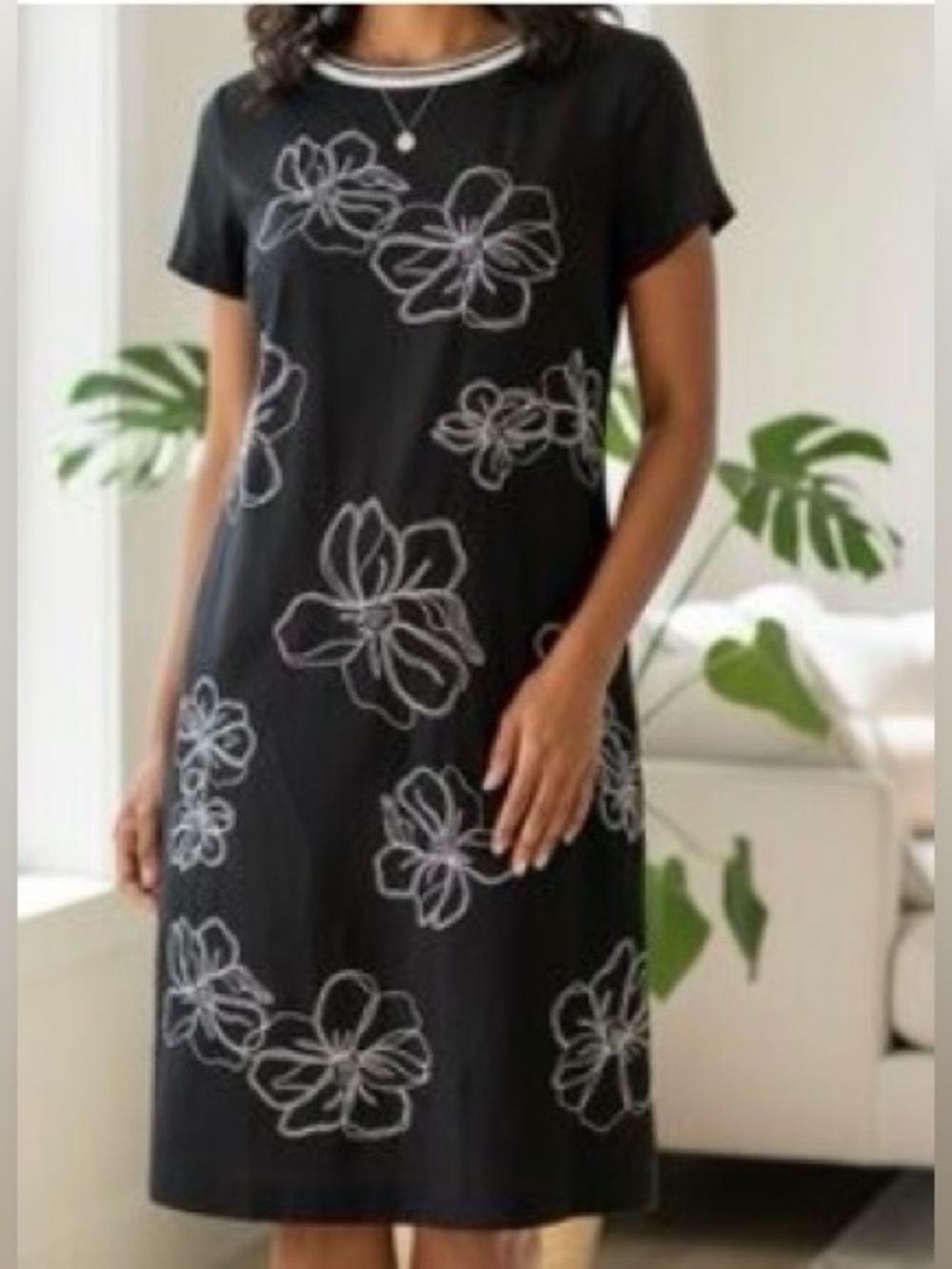 Talbots Linen Blend Embroidered Short Sleeve Dress in Black/White Sz 12P